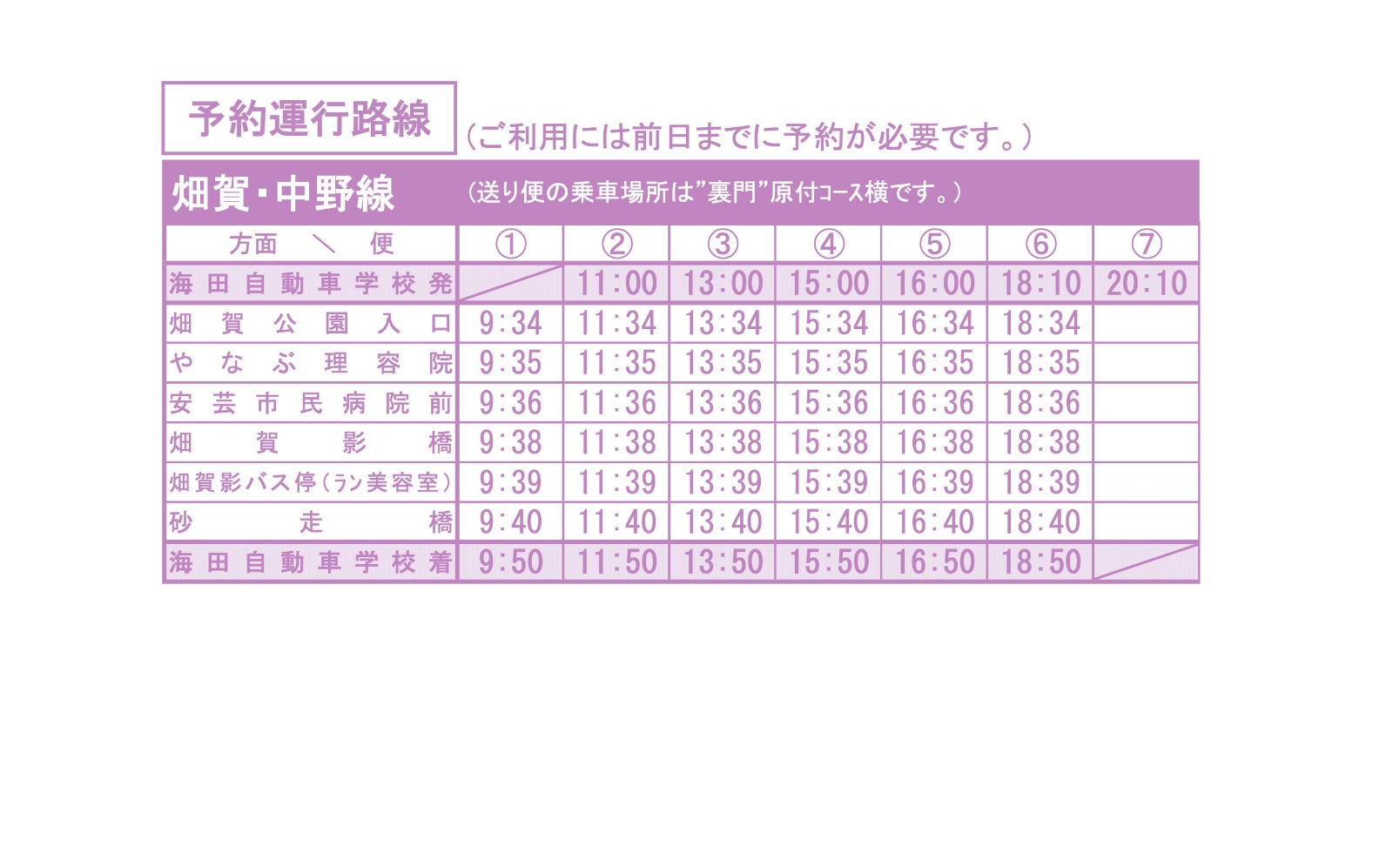 畑賀・中野線の時刻表