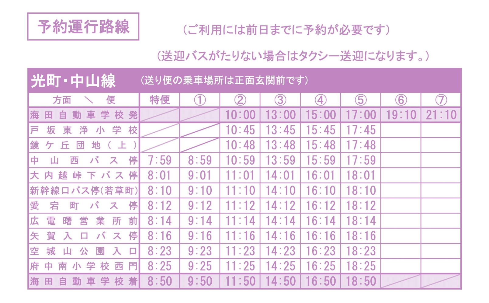 光町・中山線の時刻表